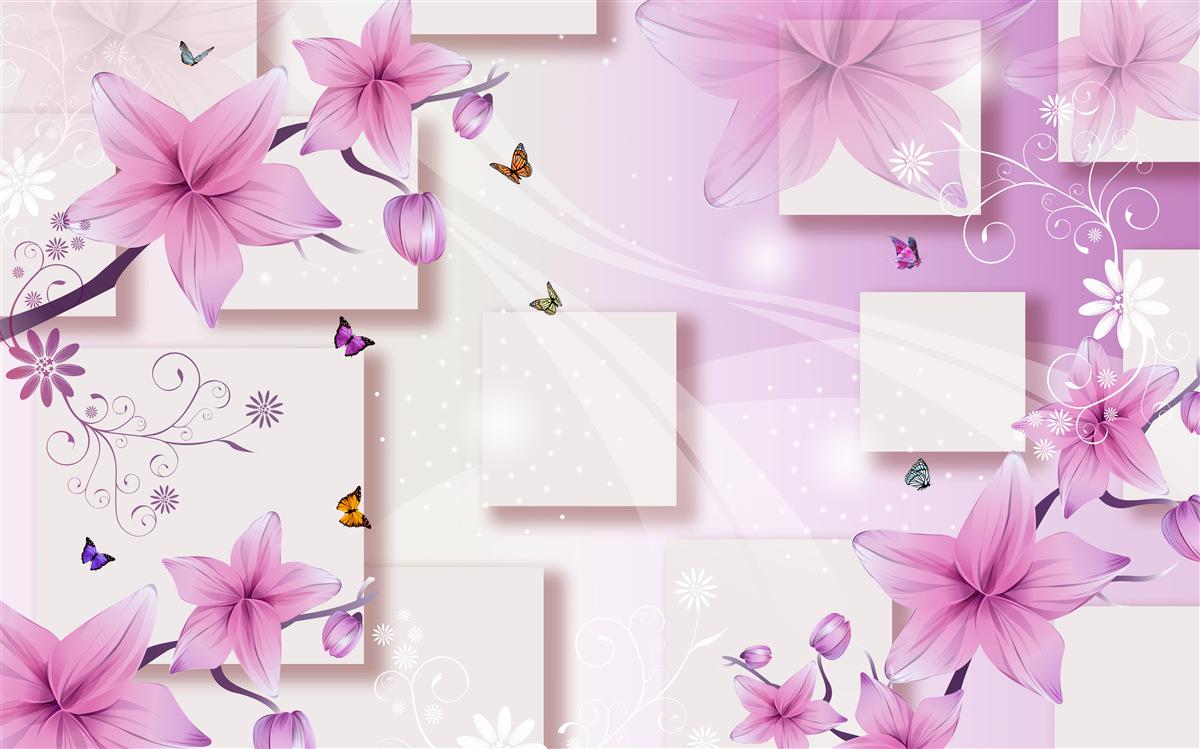 Fototapeta geometrické tvary zdobené tmavofialovými kvetmi