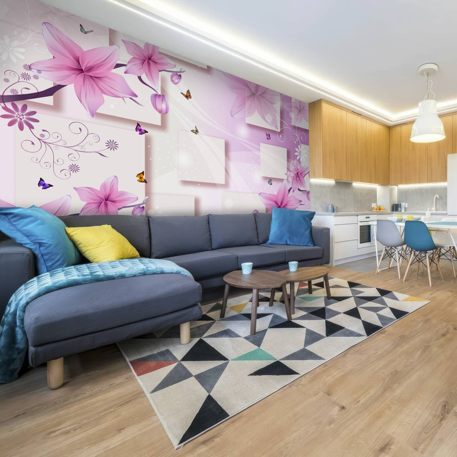 Fototapeta geometrické tvary zdobené tmavofialovými kvetmi