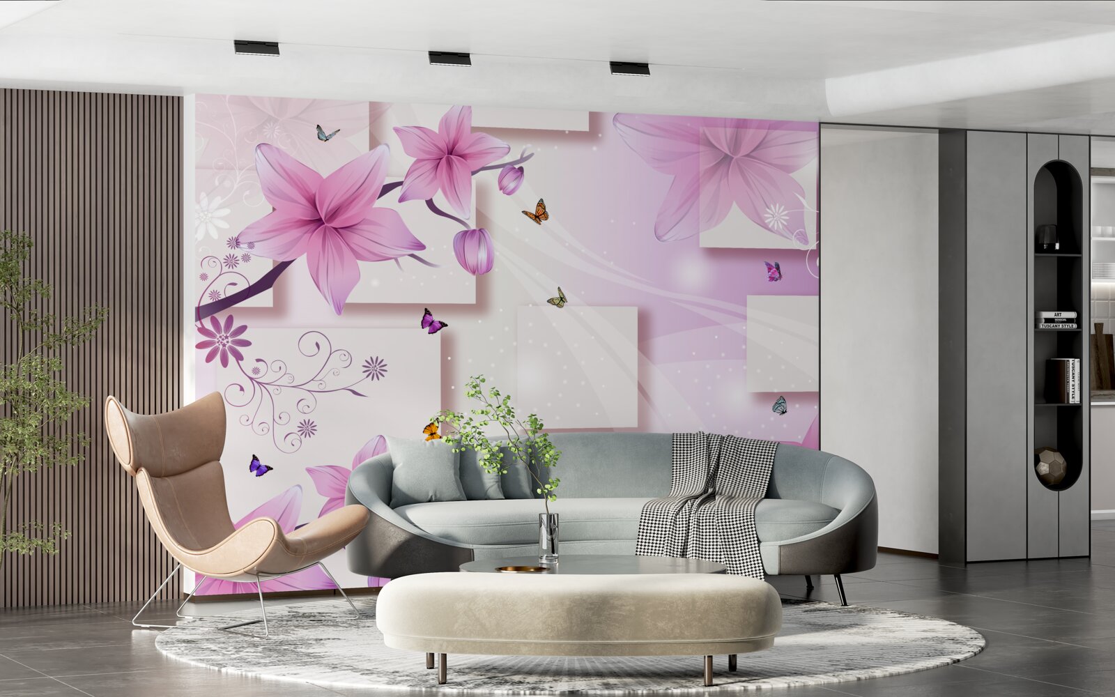 Fototapeta geometrické tvary zdobené tmavofialovými kvetmi