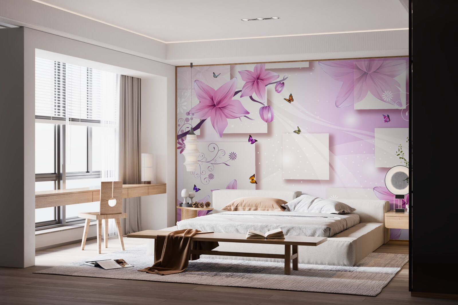 Fototapeta geometrické tvary zdobené tmavofialovými kvetmi