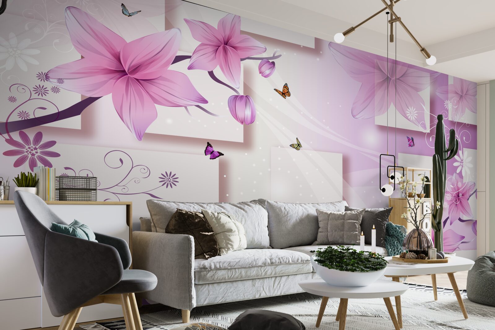 Fototapeta geometrické tvary zdobené tmavofialovými kvetmi