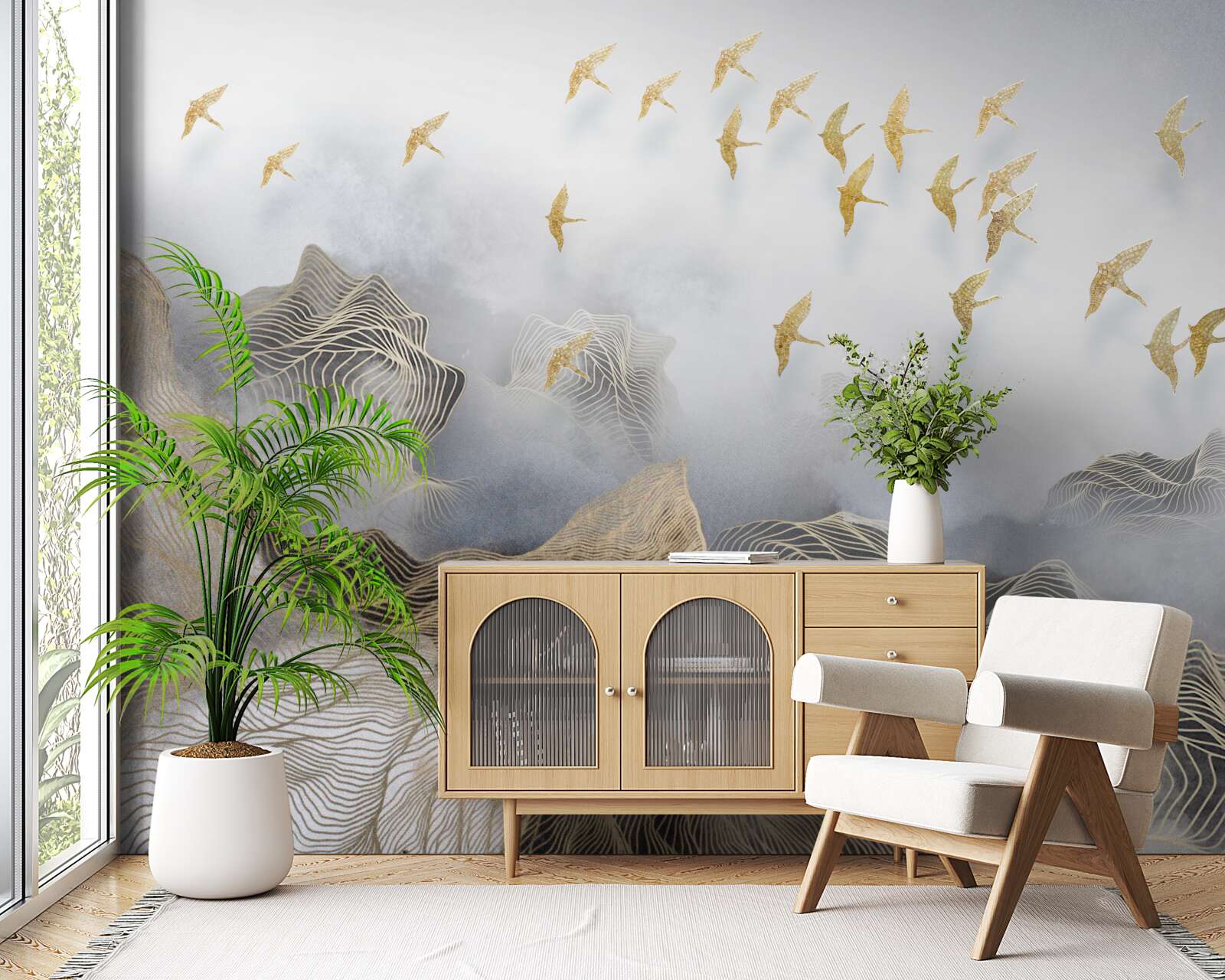 Fototapeta hory a vtáky v hmle abstrakcie