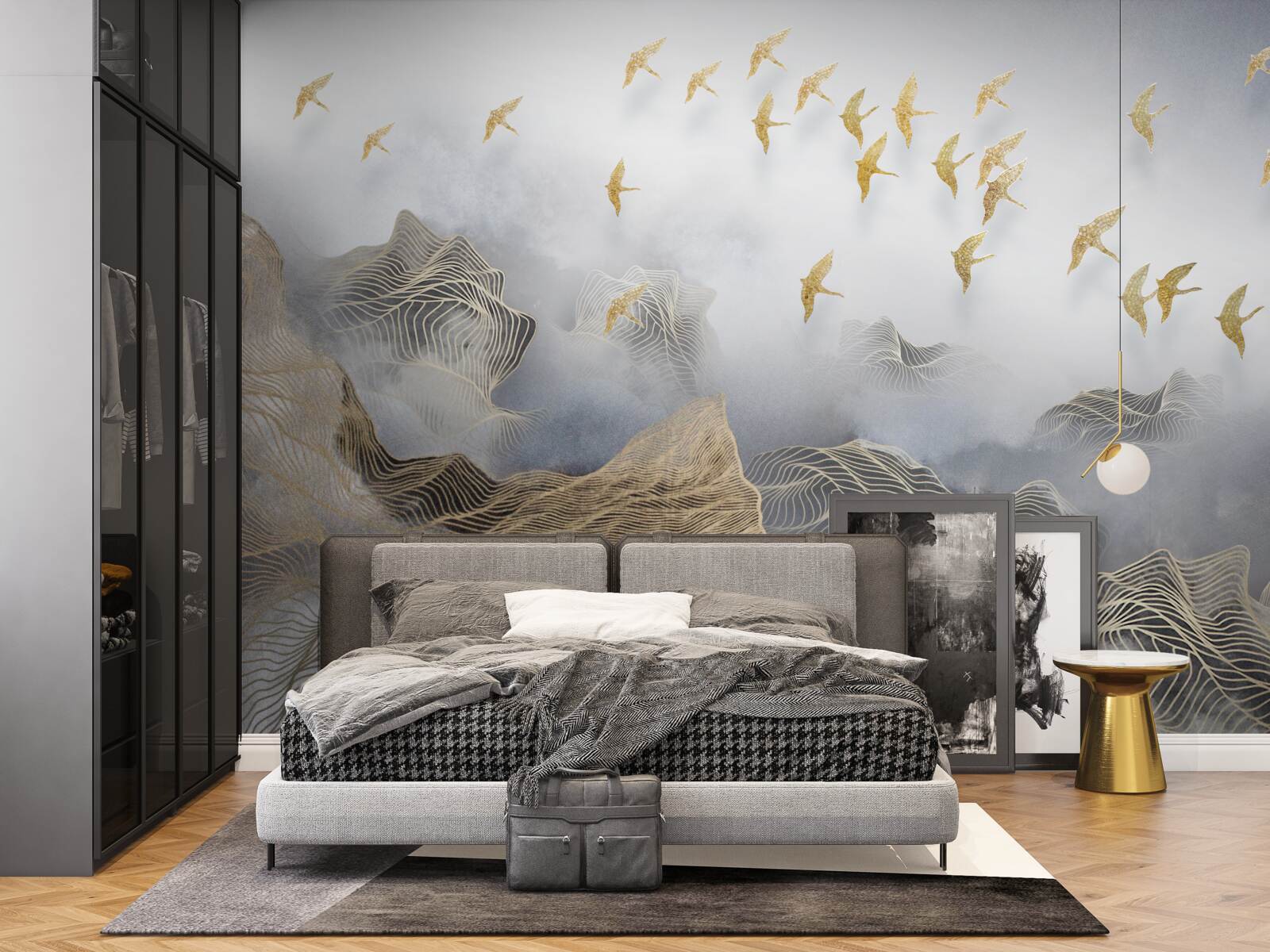 Fototapeta hory a vtáky v hmle abstrakcie