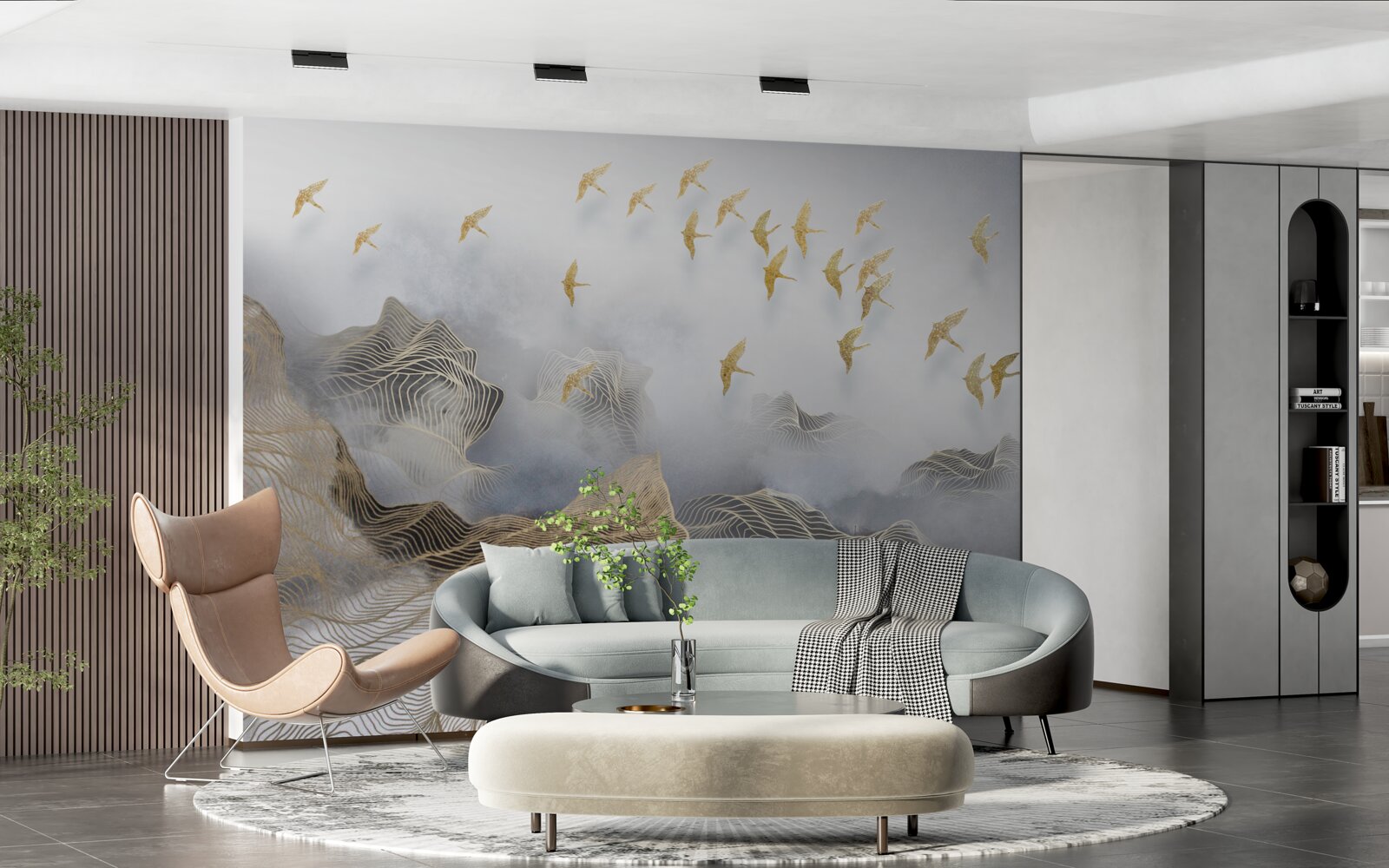 Fototapeta hory a vtáky v hmle abstrakcie