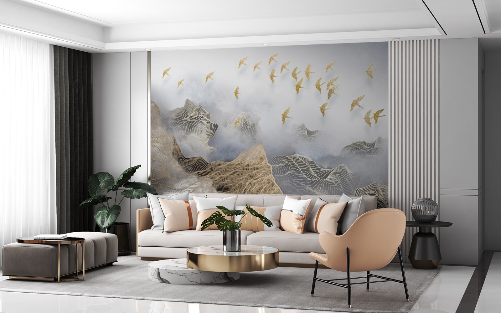 Fototapeta hory a vtáky v hmle abstrakcie