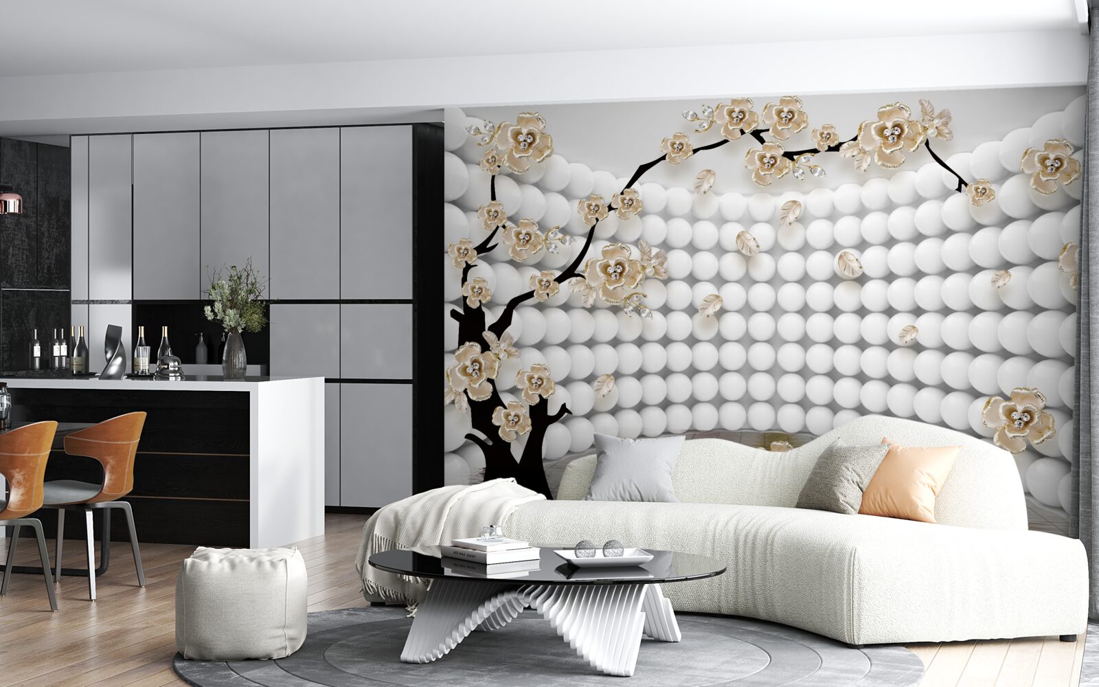 Fototapeta miestnosť s trojrozmernými loptičkami a stromom