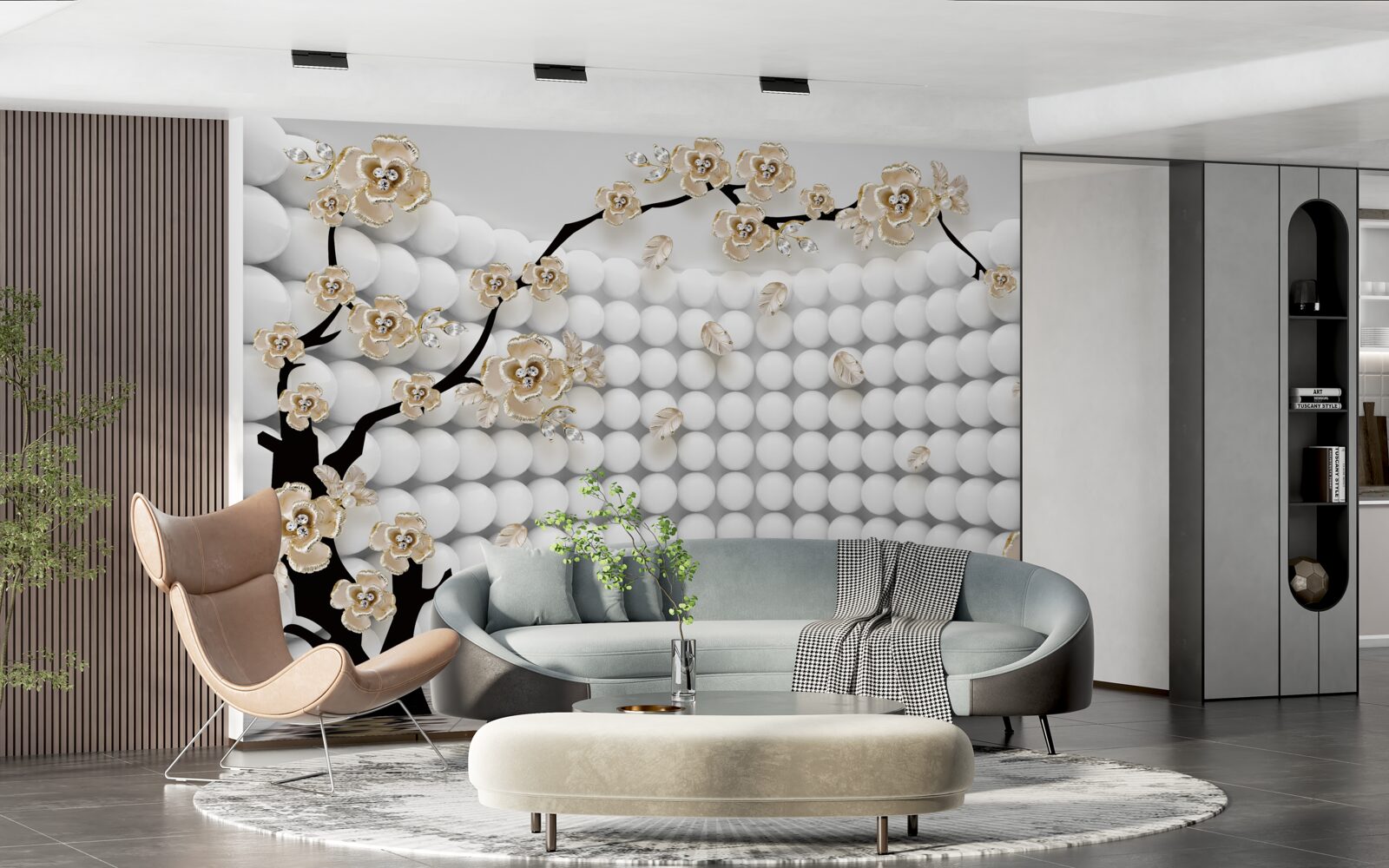 Fototapeta miestnosť s trojrozmernými loptičkami a stromom