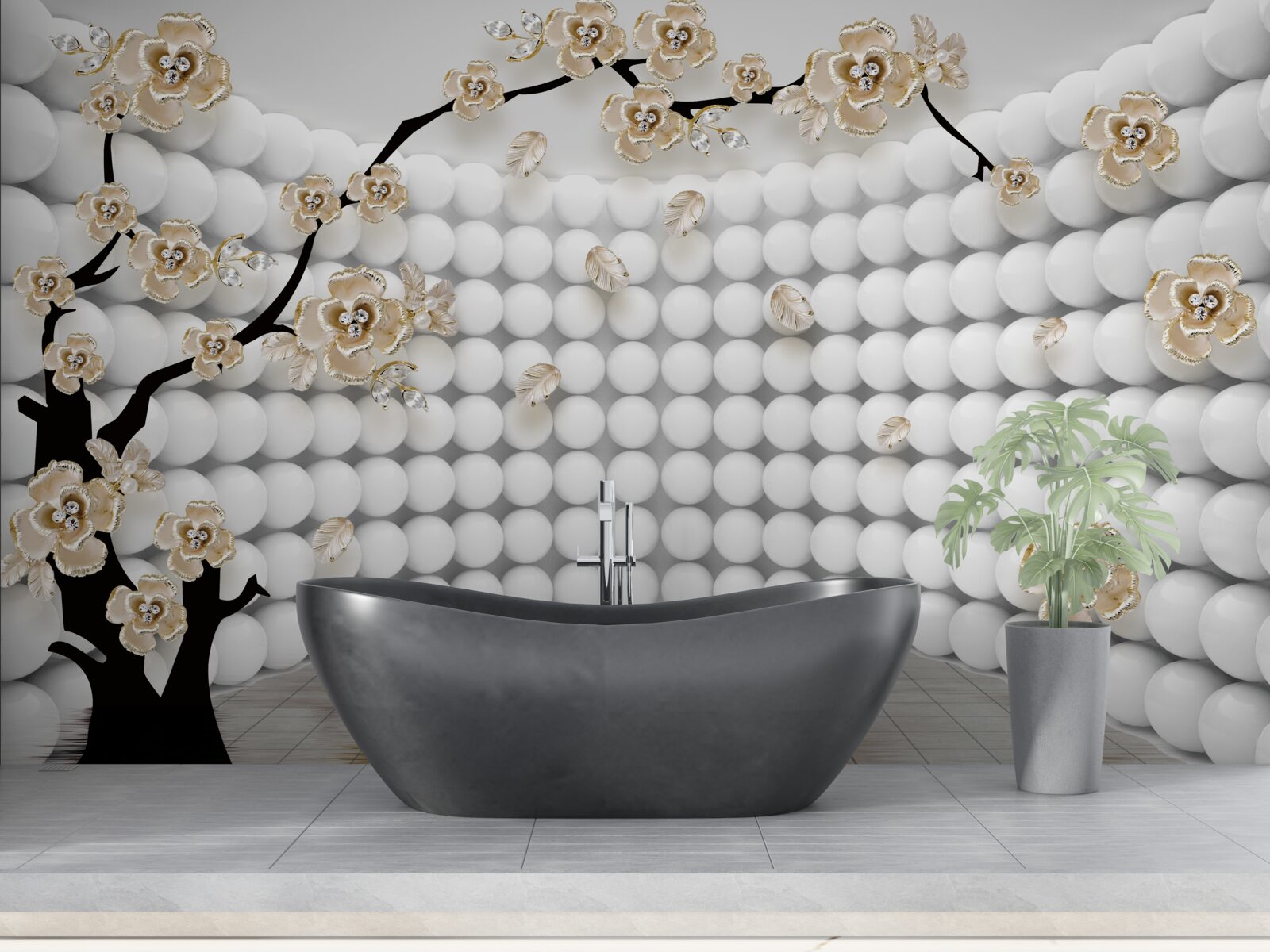 Fototapeta miestnosť s trojrozmernými loptičkami a stromom