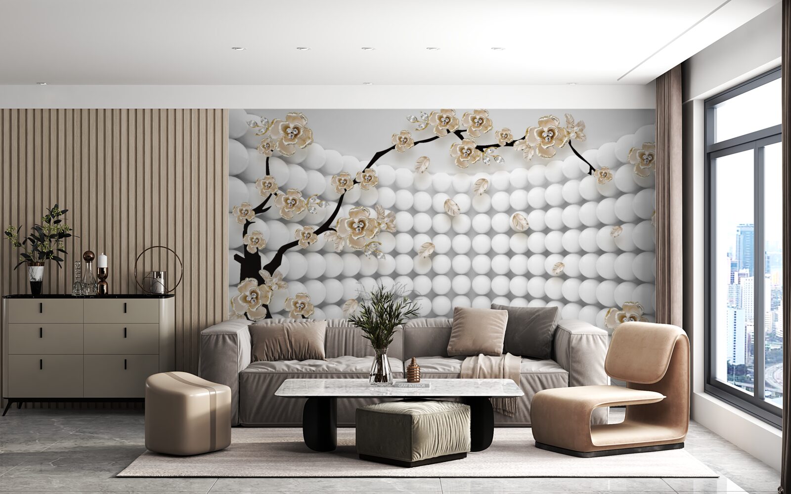 Fototapeta miestnosť s trojrozmernými loptičkami a stromom