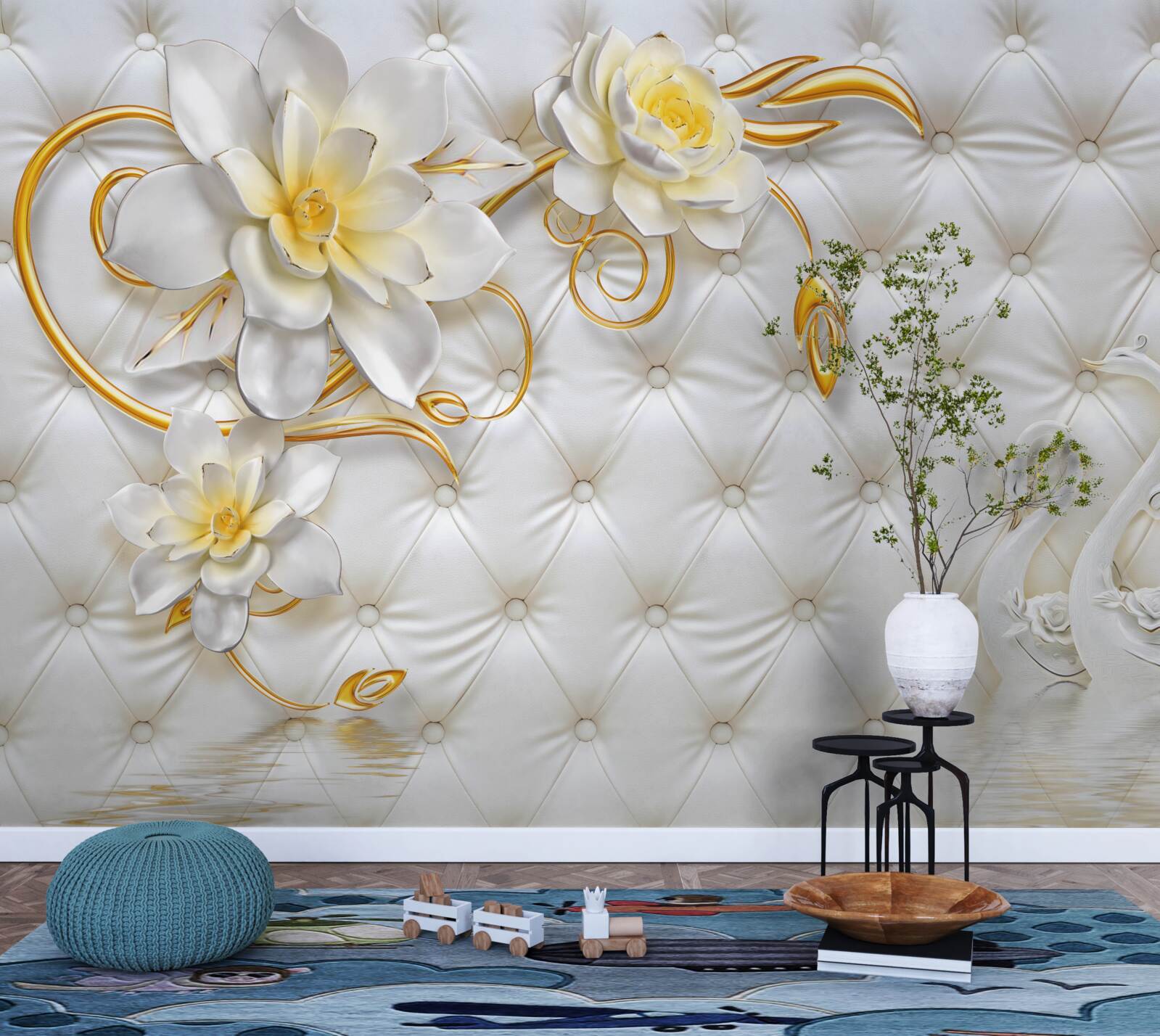 Fototapeta textúra bielej látky a kvety