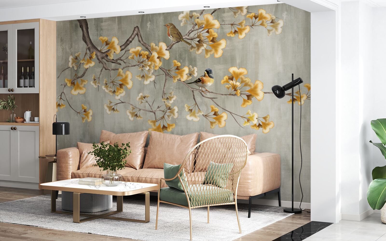 Fototapeta vtáky a vetva so žltými kvetmi