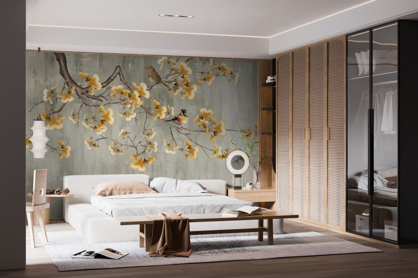 Fototapeta vtáky a vetva so žltými kvetmi