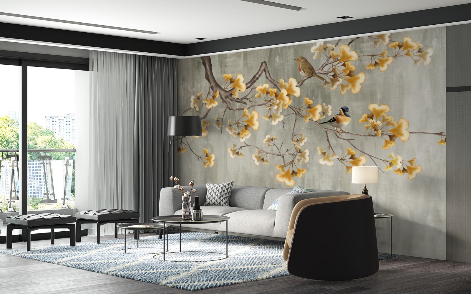 Fototapeta vtáky a vetva so žltými kvetmi