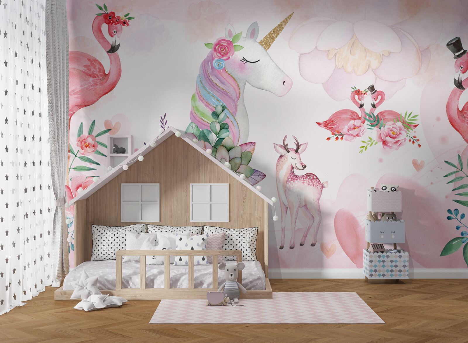 Fototapeta ružové zvieratká zdobené kvetmi
