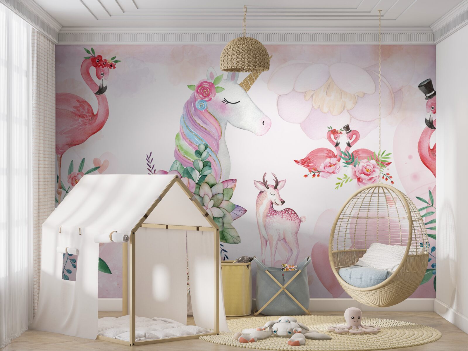 Fototapeta ružové zvieratká zdobené kvetmi