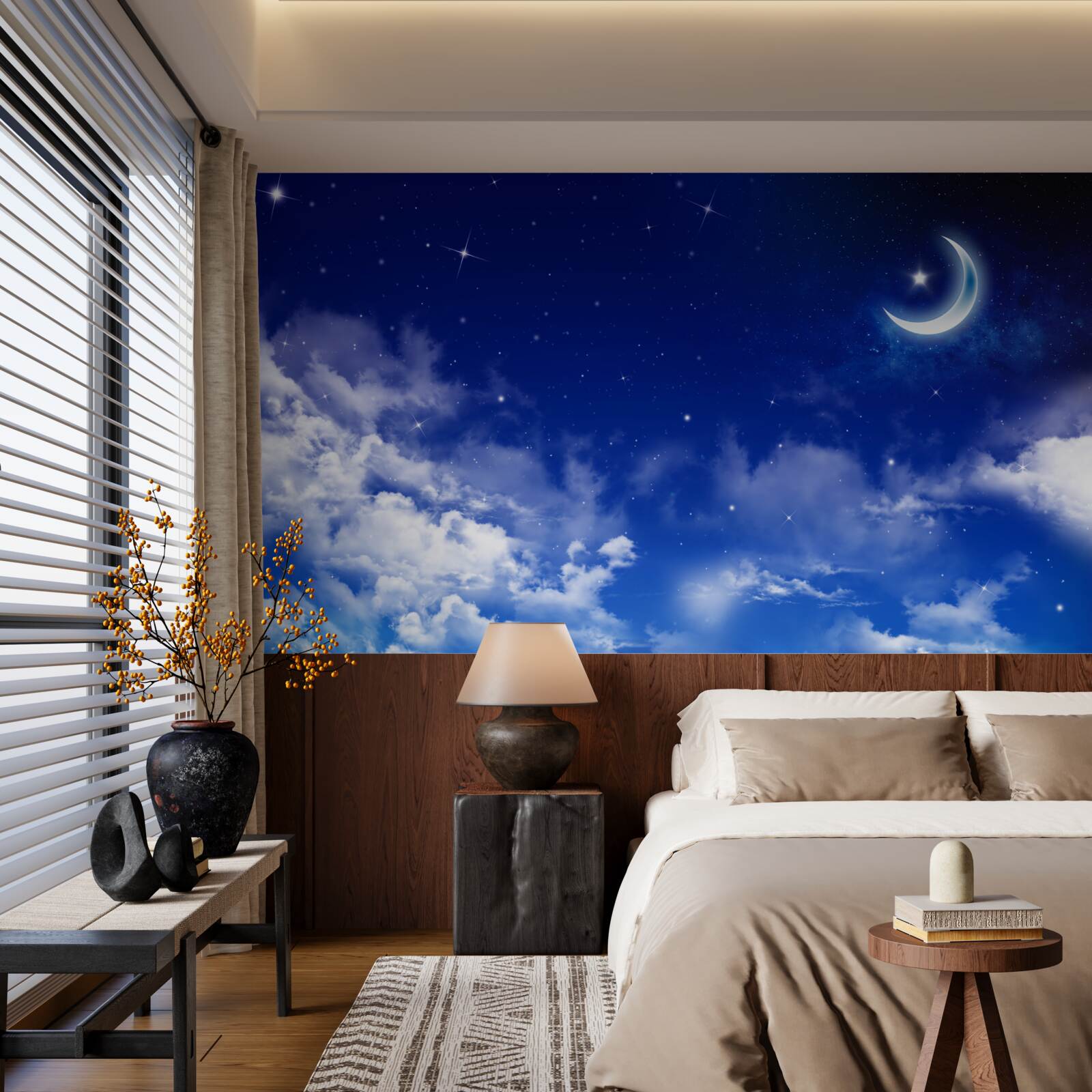 Fototapeta noc pod mesiacom a blikajúcimi hviezdami