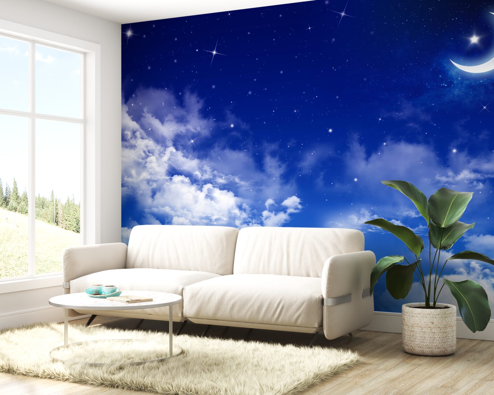 Fototapeta noc pod mesiacom a blikajúcimi hviezdami