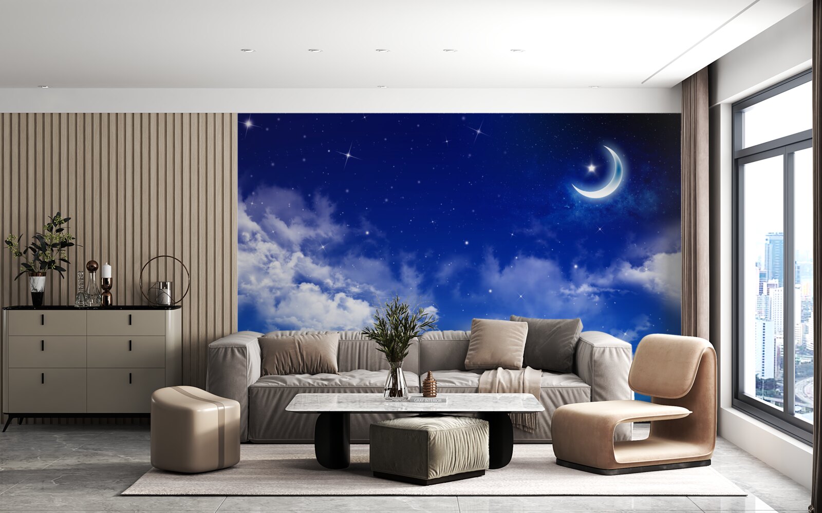 Fototapeta noc pod mesiacom a blikajúcimi hviezdami