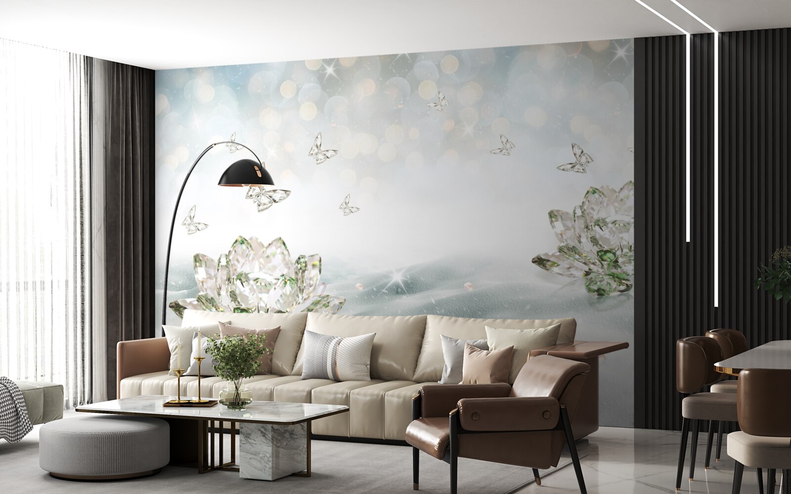 Fototapeta kvety a motýle vyrobené zo skla