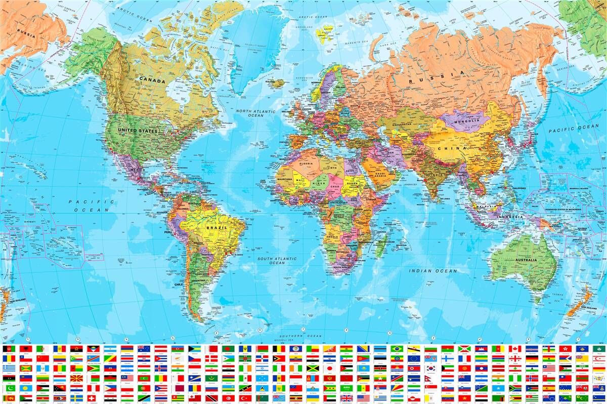 Fototapeta mapa sveta s vlajkami krajín