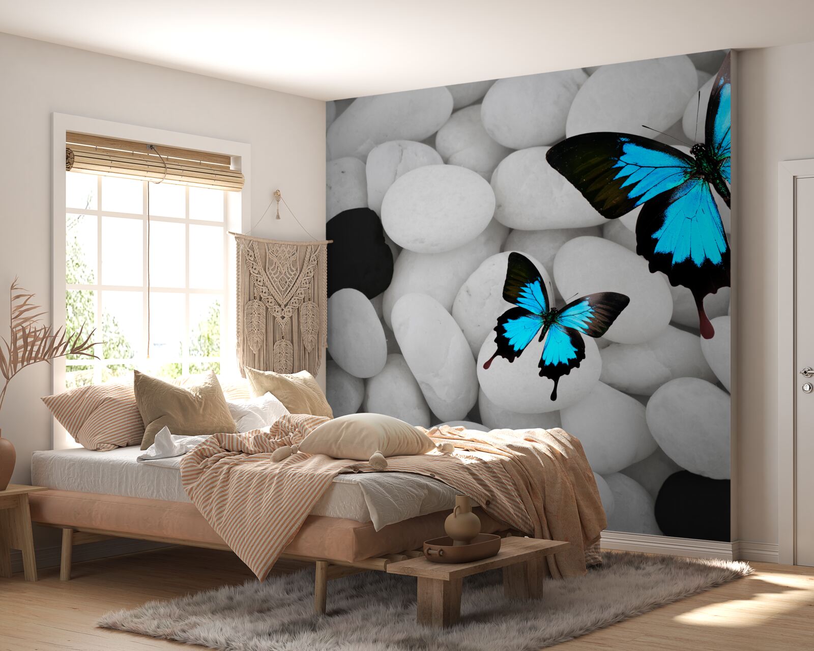 Fototapeta farebné motýle na svetlých kameňoch