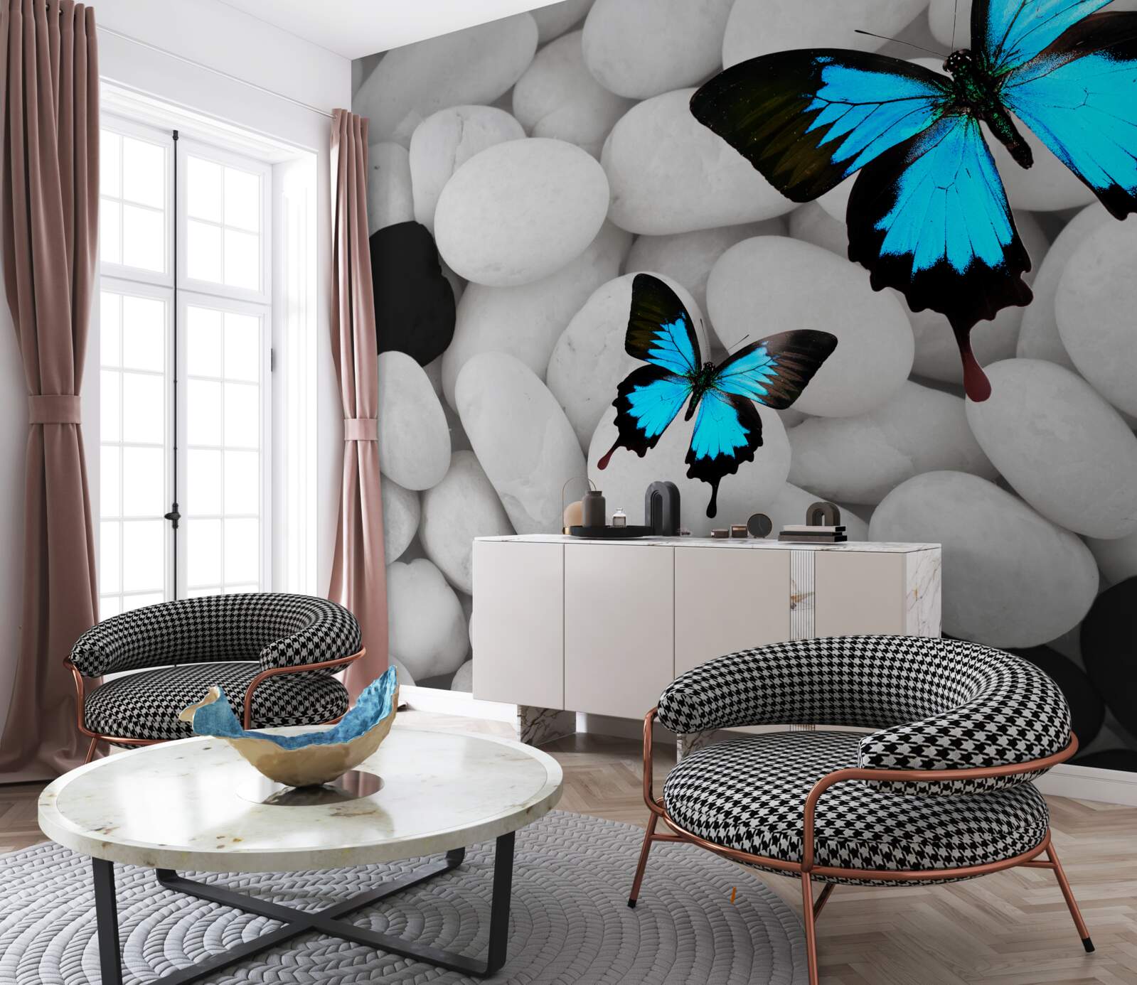 Fototapeta farebné motýle na svetlých kameňoch