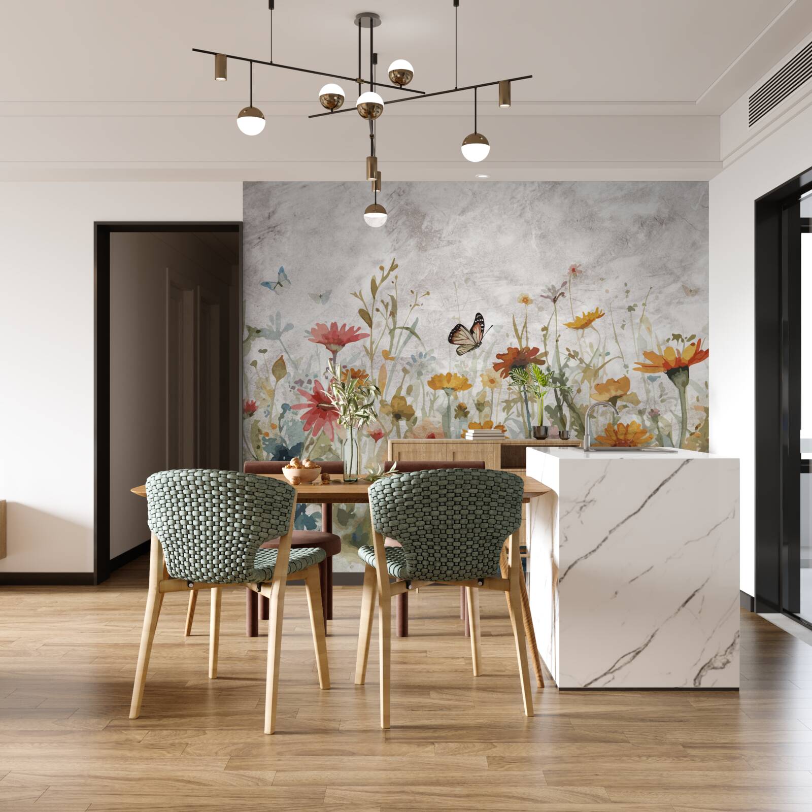 Fototapeta kvety s motýľmi za úsvitu