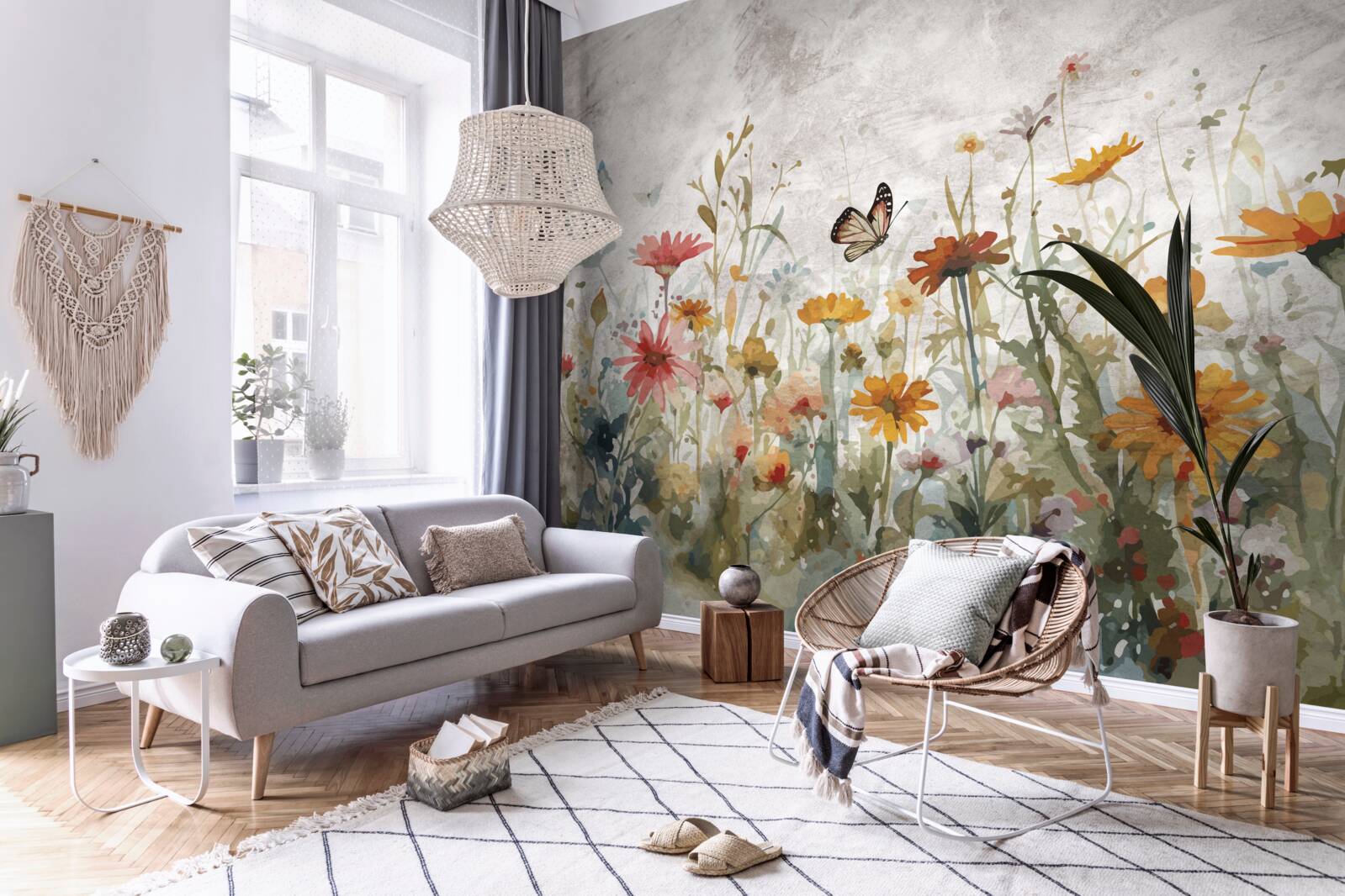 Fototapeta kvety s motýľmi za úsvitu