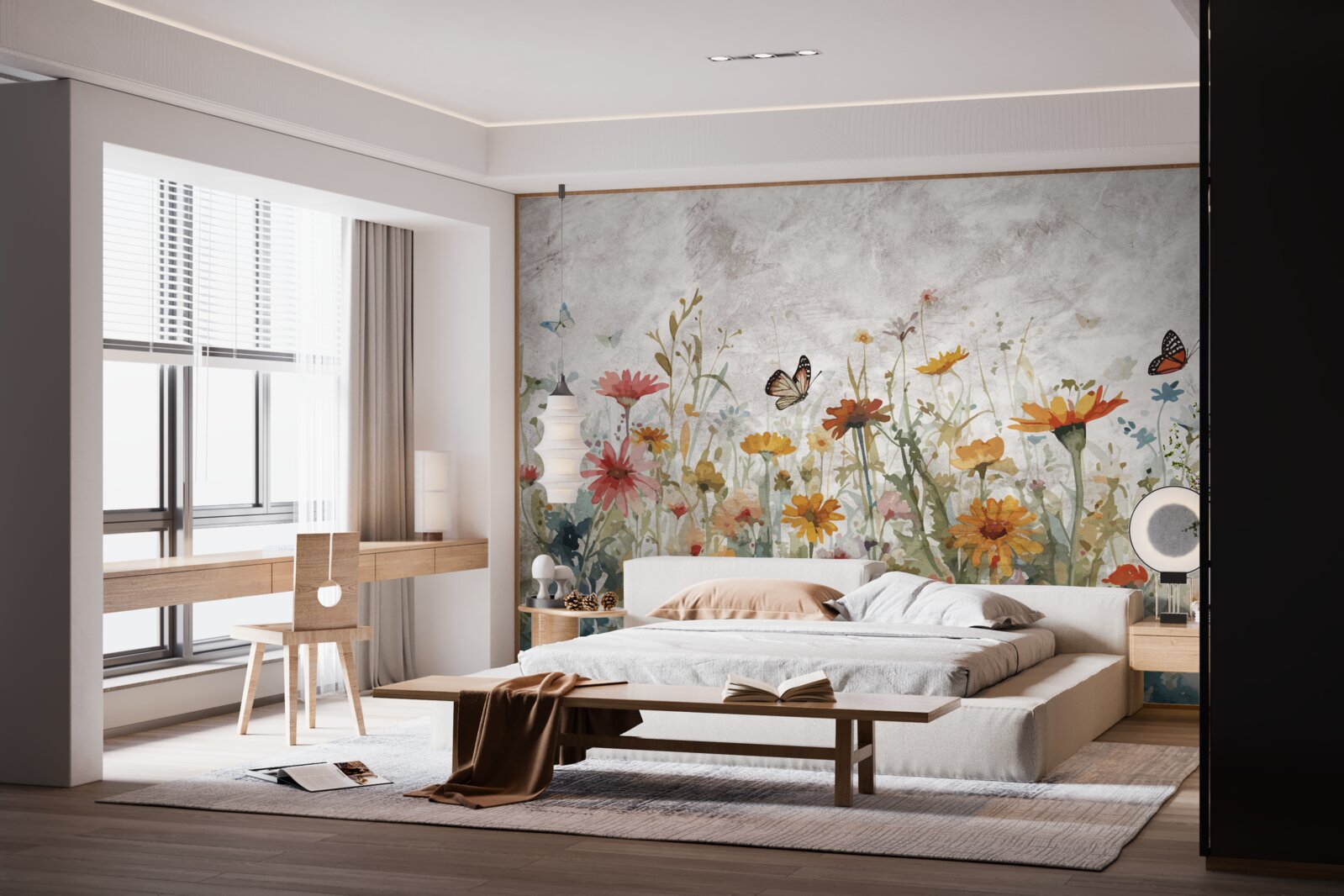 Fototapeta kvety s motýľmi za úsvitu