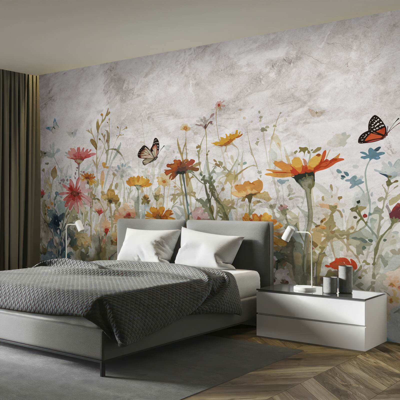 Fototapeta kvety s motýľmi za úsvitu