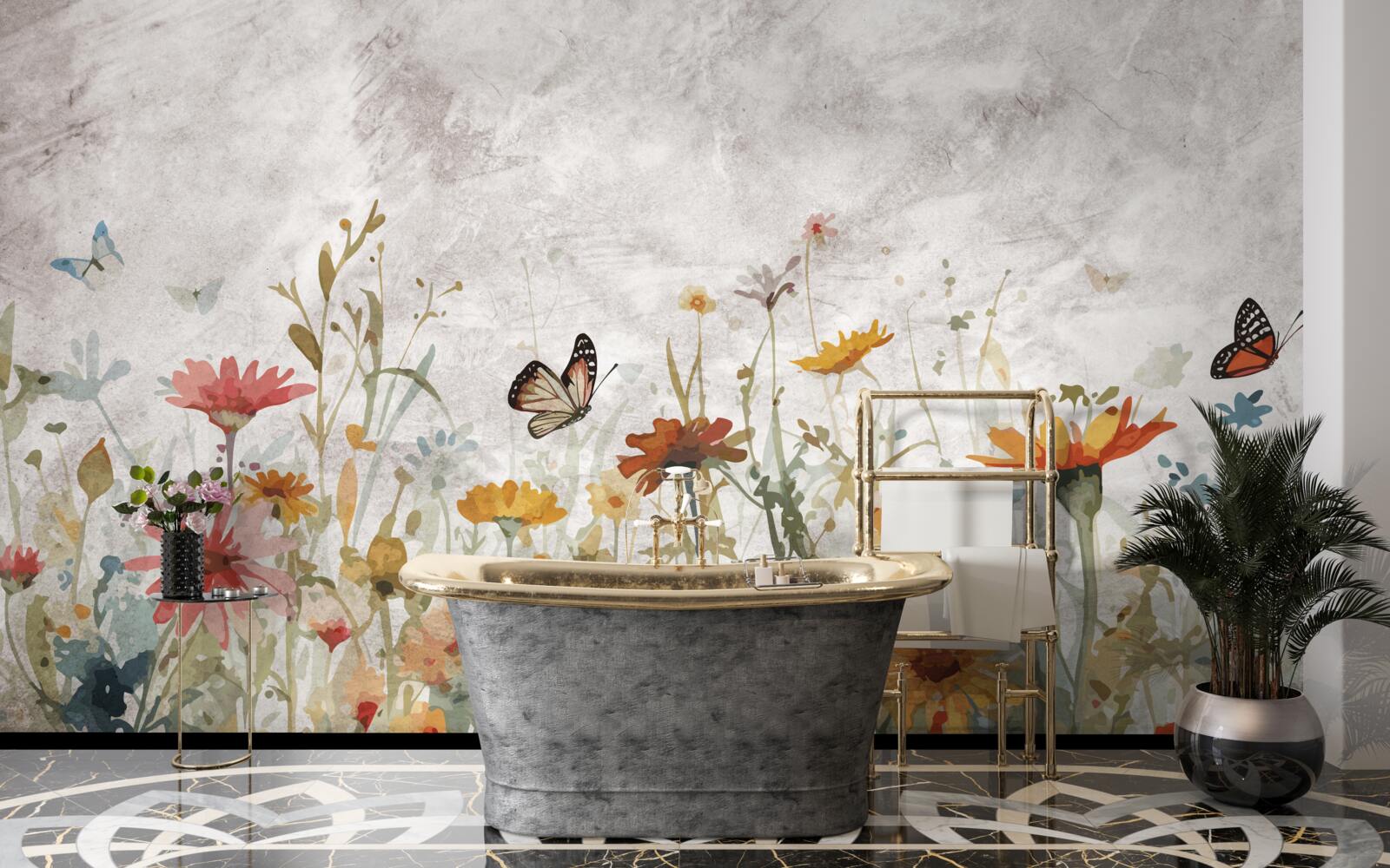 Fototapeta kvety s motýľmi za úsvitu