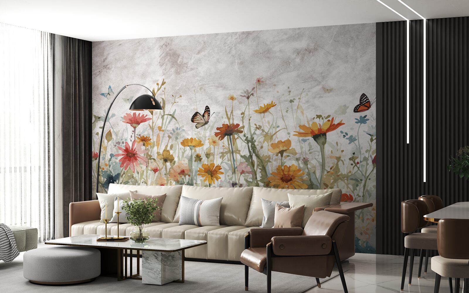 Fototapeta kvety s motýľmi za úsvitu