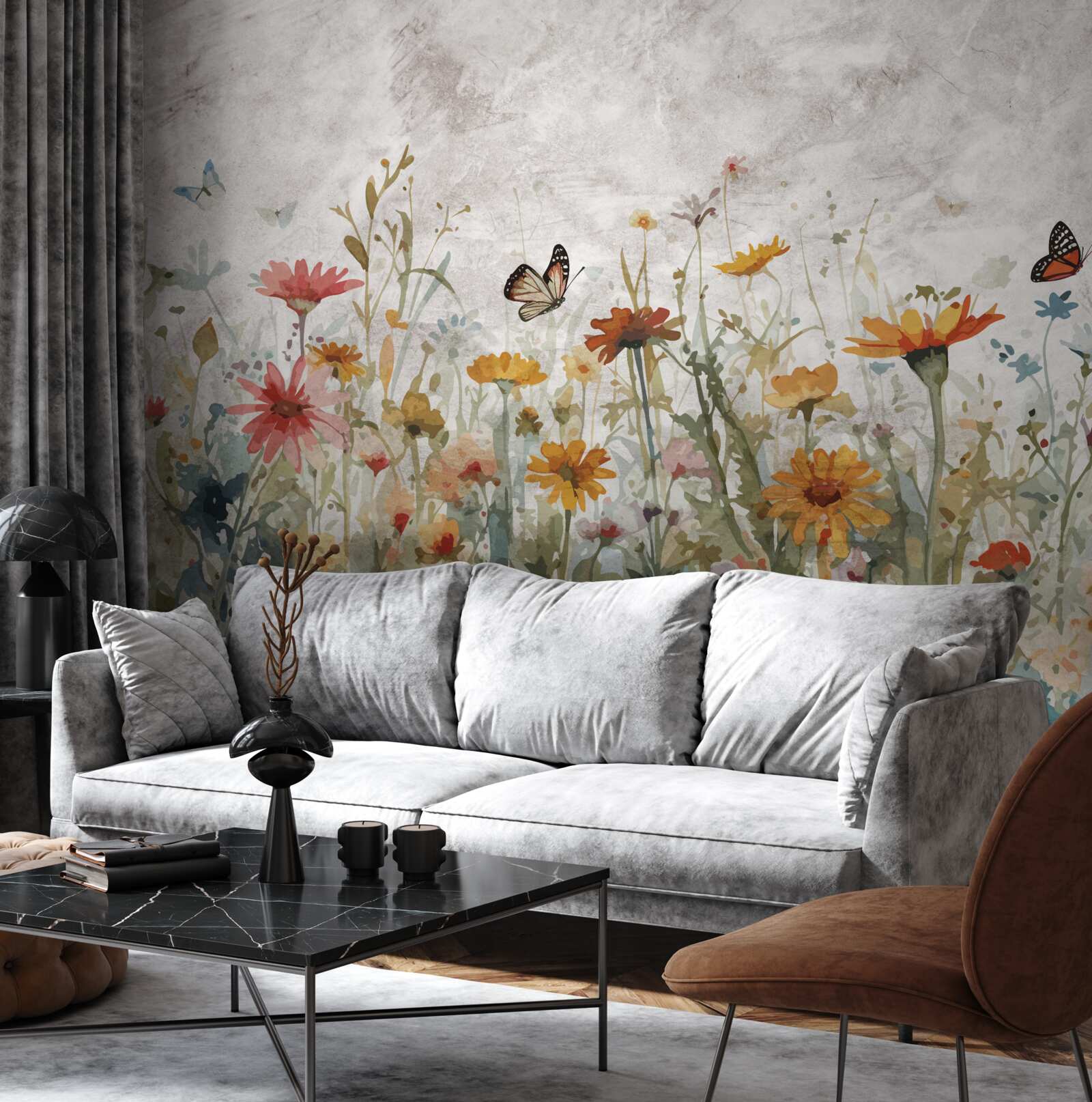 Fototapeta kvety s motýľmi za úsvitu