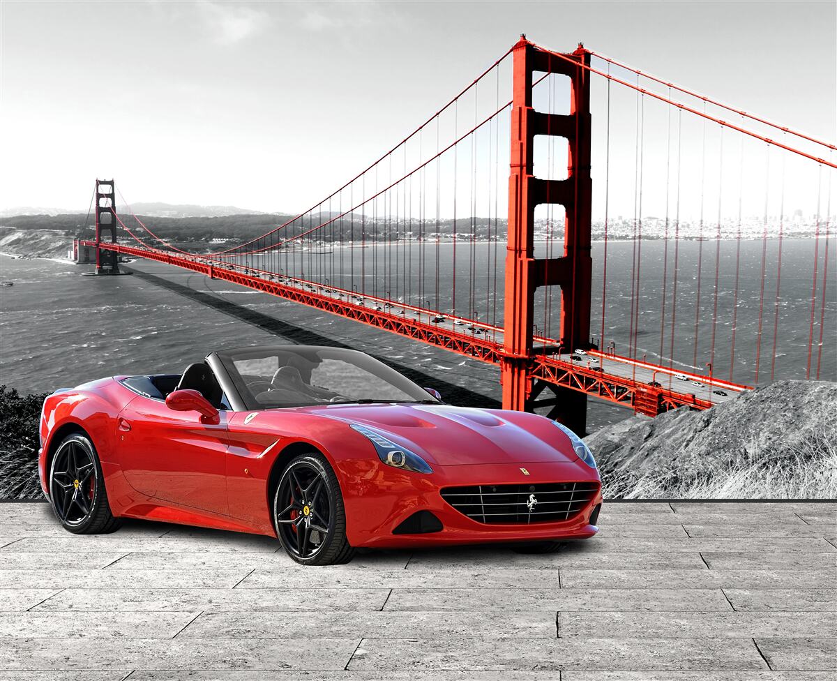 Fototapeta červené auto a most