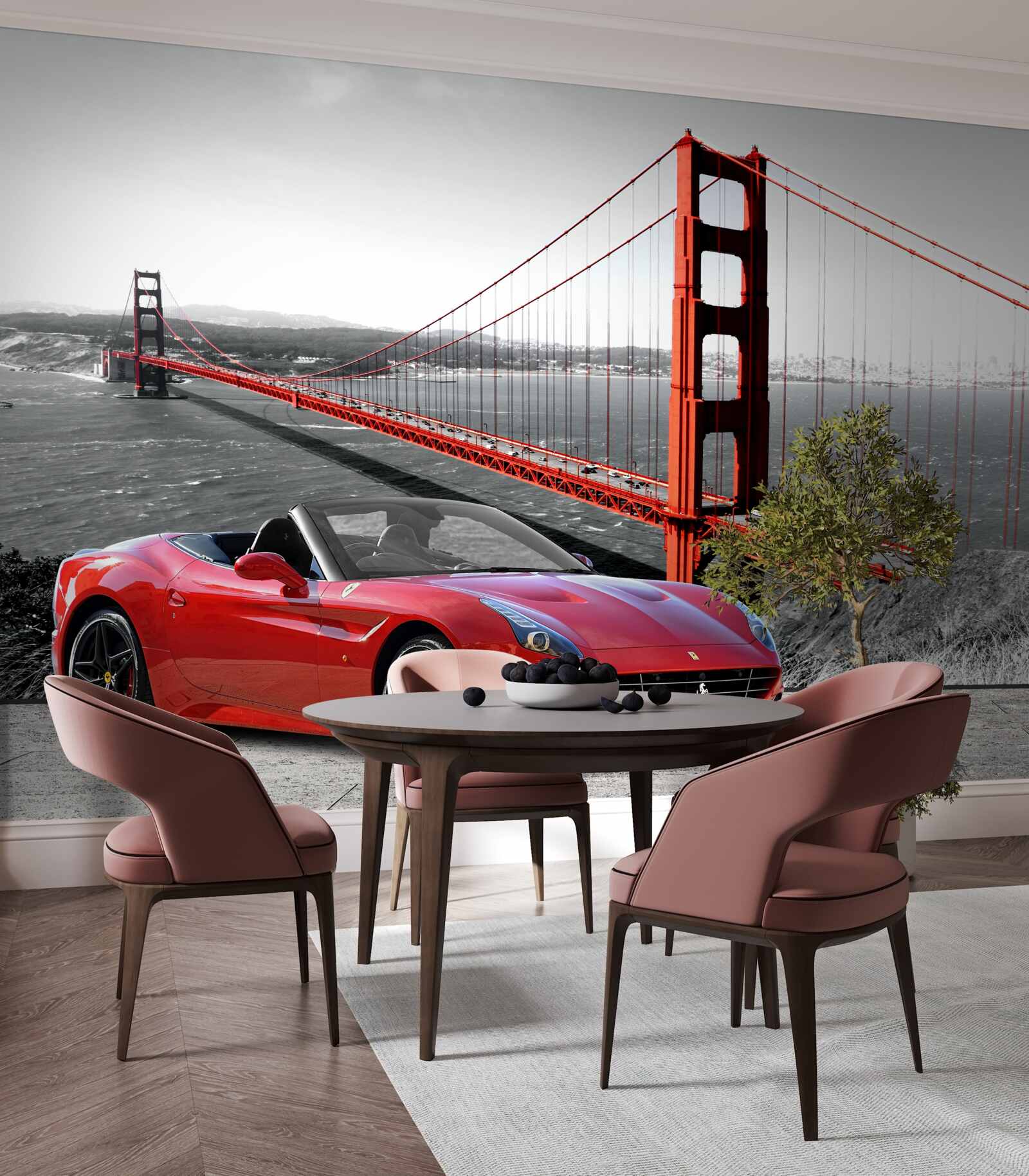 Fototapeta červené auto a most