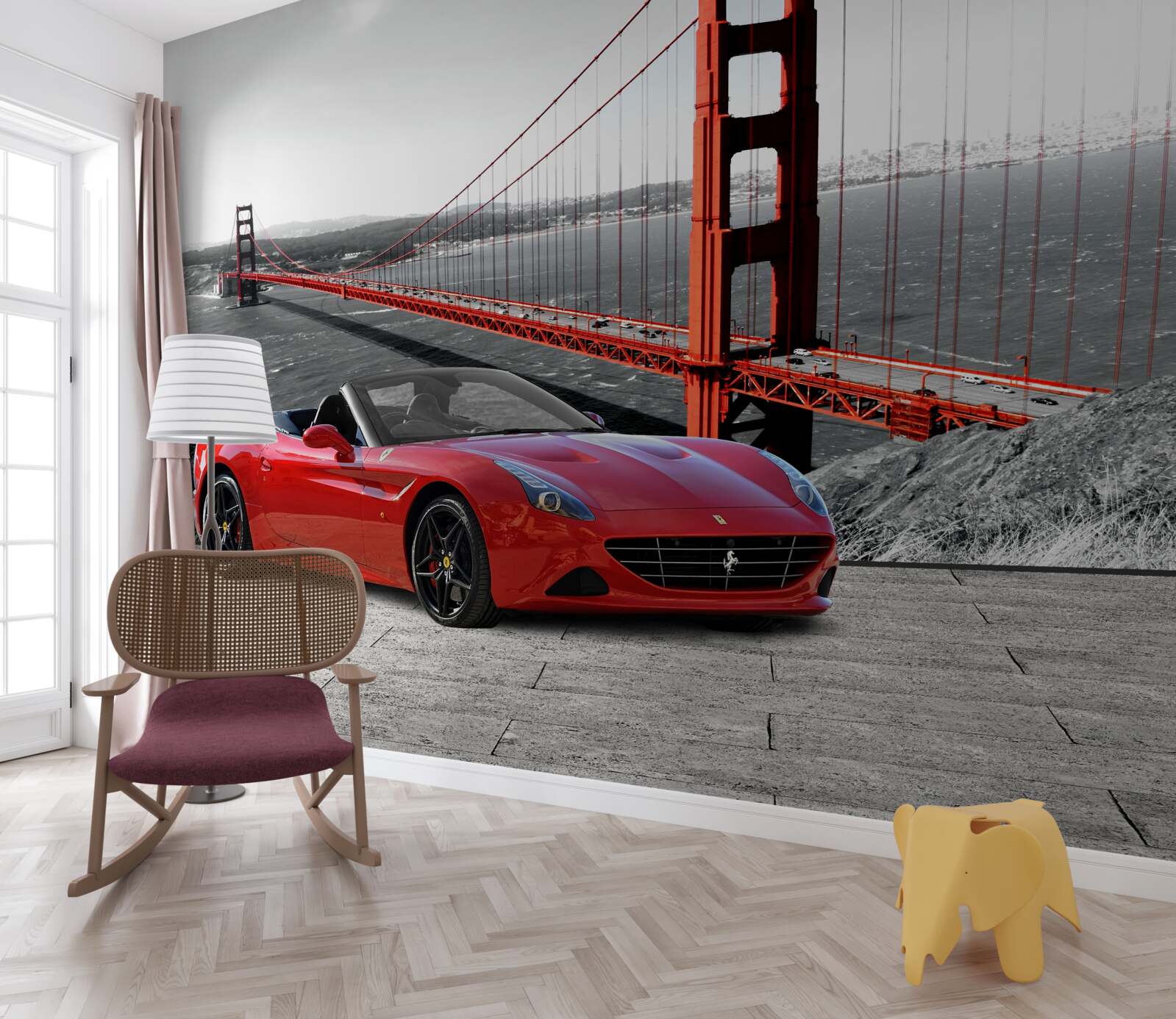 Fototapeta červené auto a most