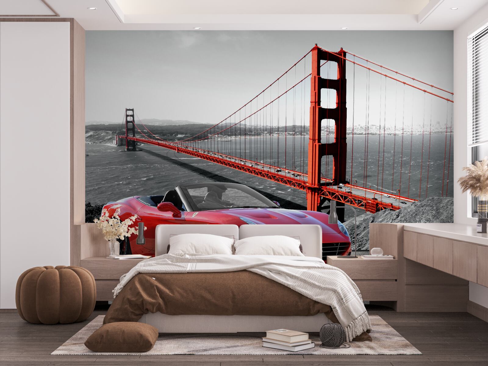 Fototapeta červené auto a most
