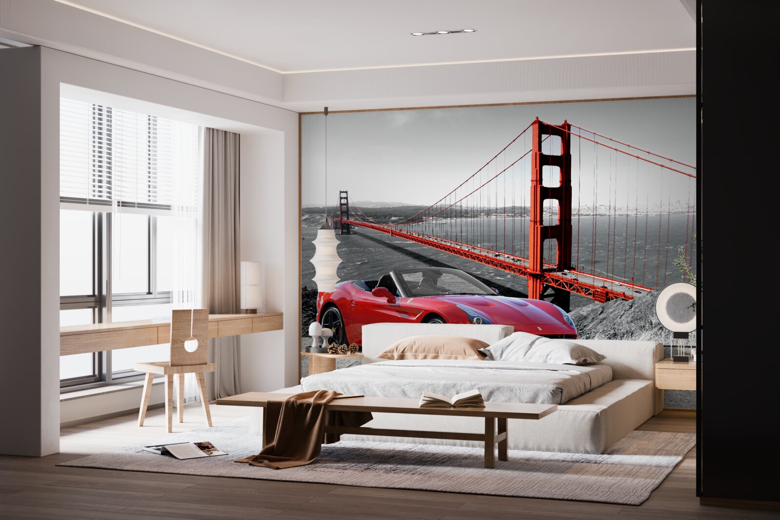 Fototapeta červené auto a most