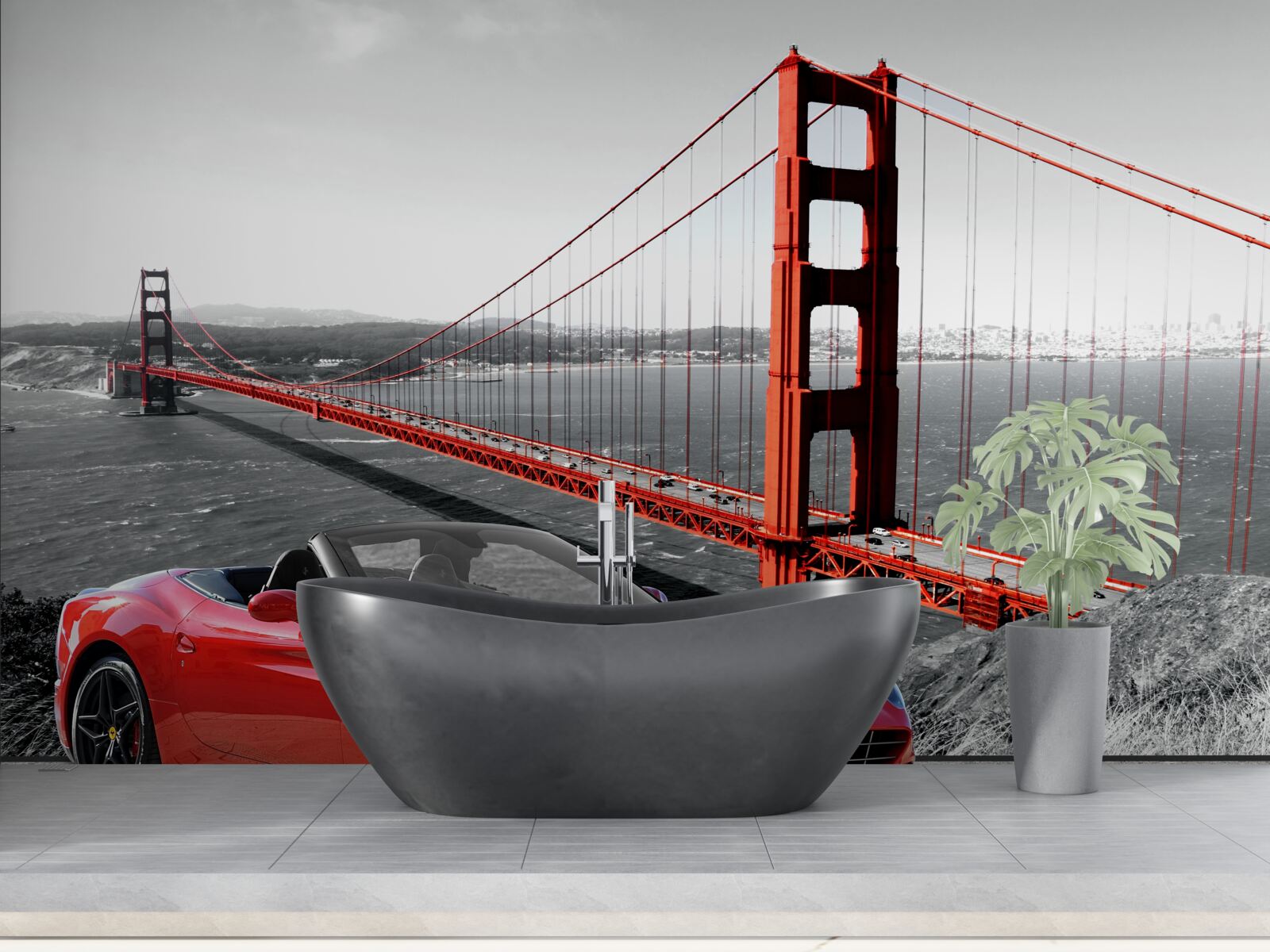 Fototapeta červené auto a most