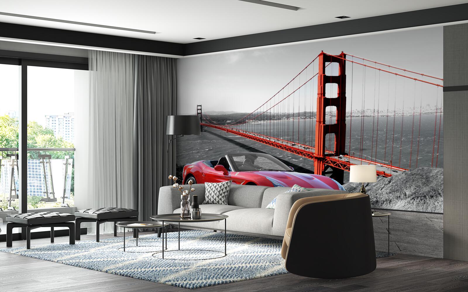 Fototapeta červené auto a most