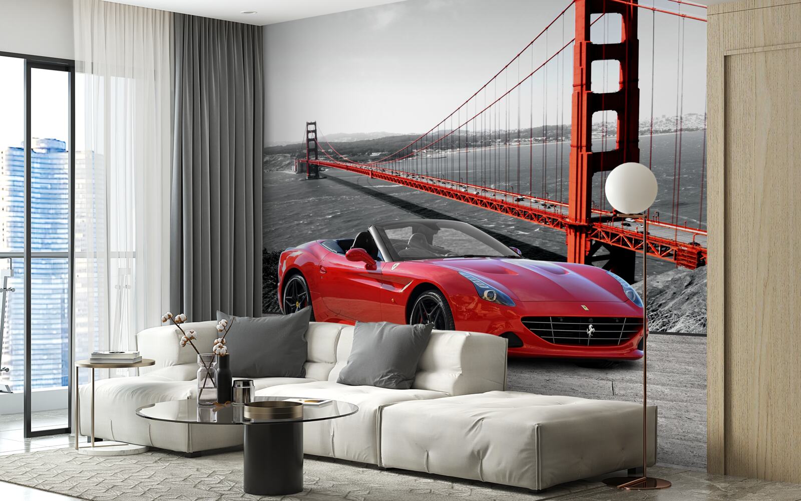 Fototapeta červené auto a most