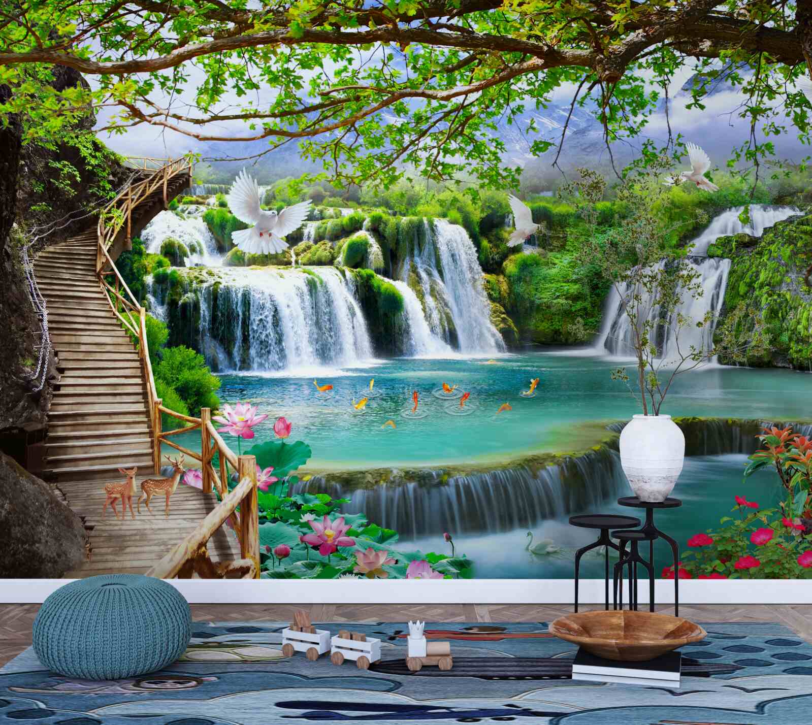 Fototapeta fotografia s vodopádmi a zelenou vegetáciou