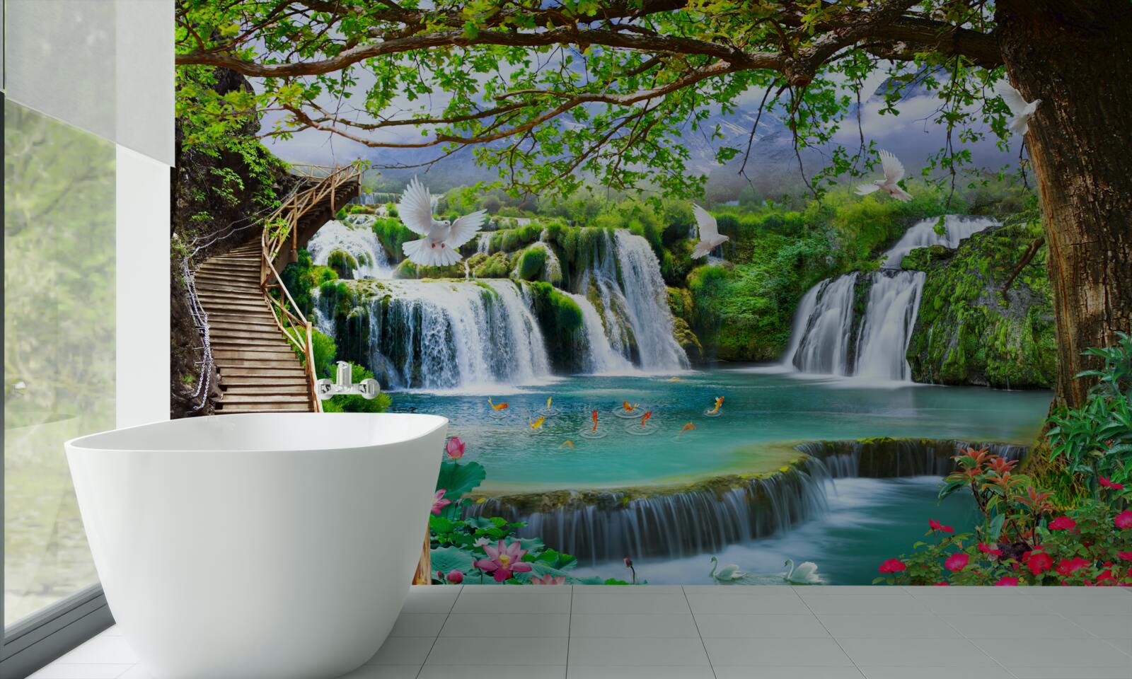 Fototapeta fotografia s vodopádmi a zelenou vegetáciou