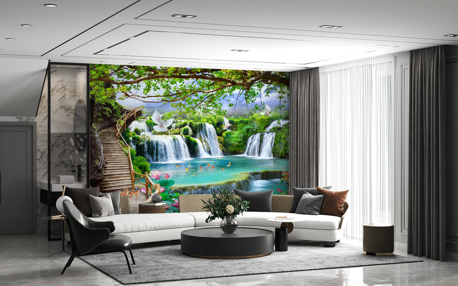 Fototapeta fotografia s vodopádmi a zelenou vegetáciou