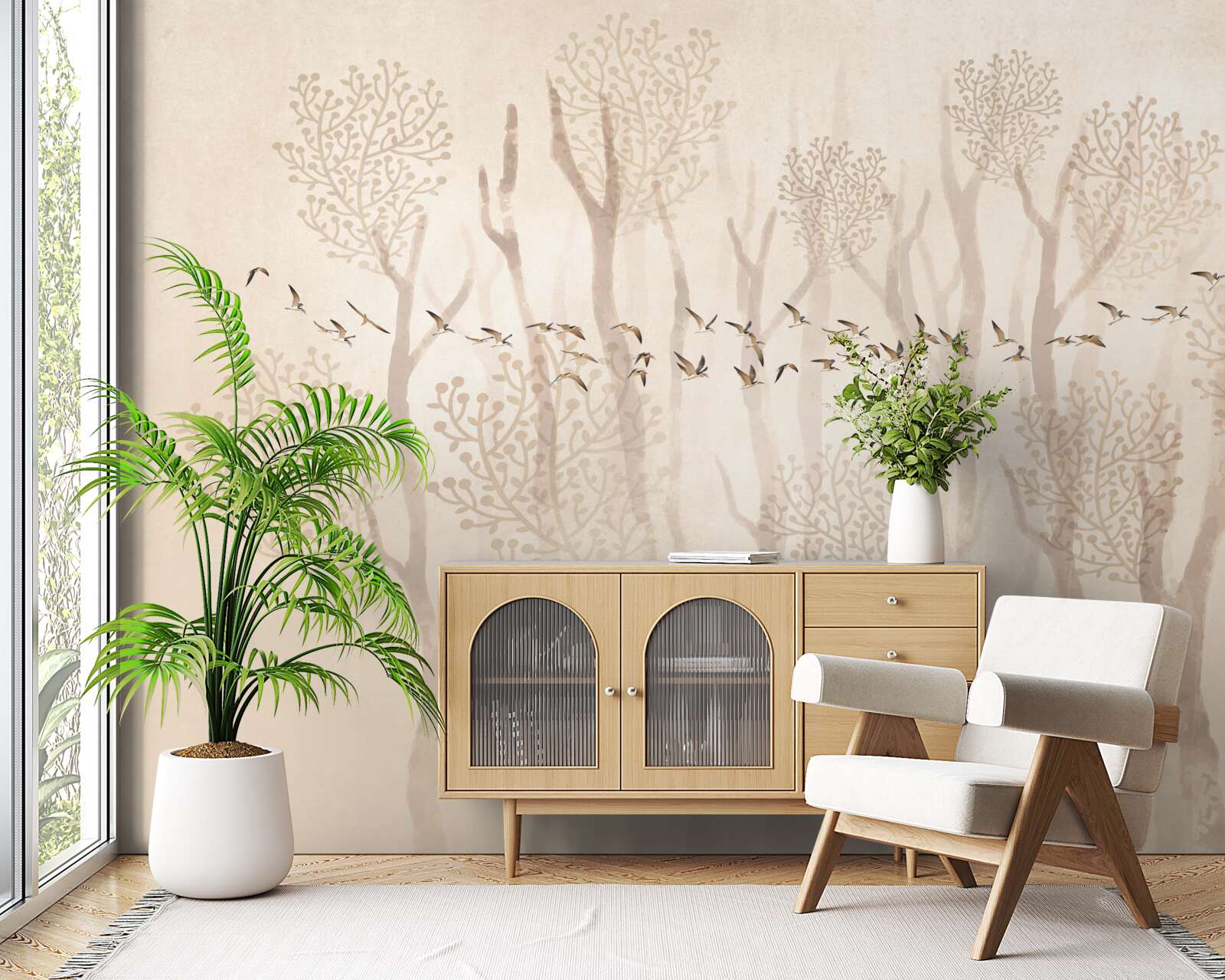 Fototapeta pôvabné stromy a skupina vtákov