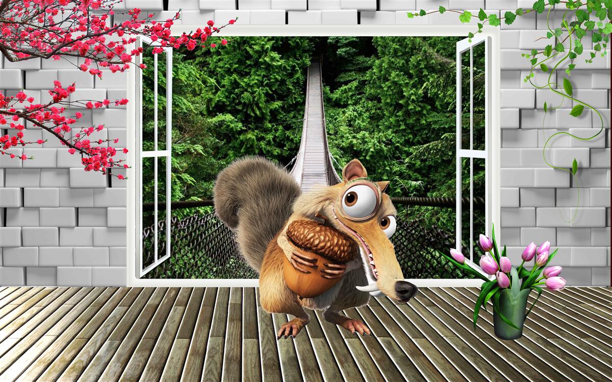 Fototapeta Z okna môžete vidieť nakreslenú veveričku