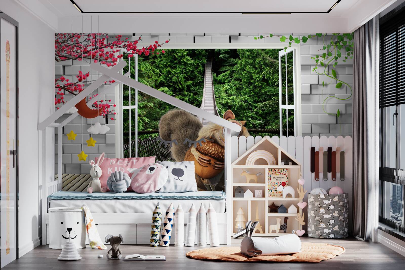 Fototapeta Z okna môžete vidieť nakreslenú veveričku