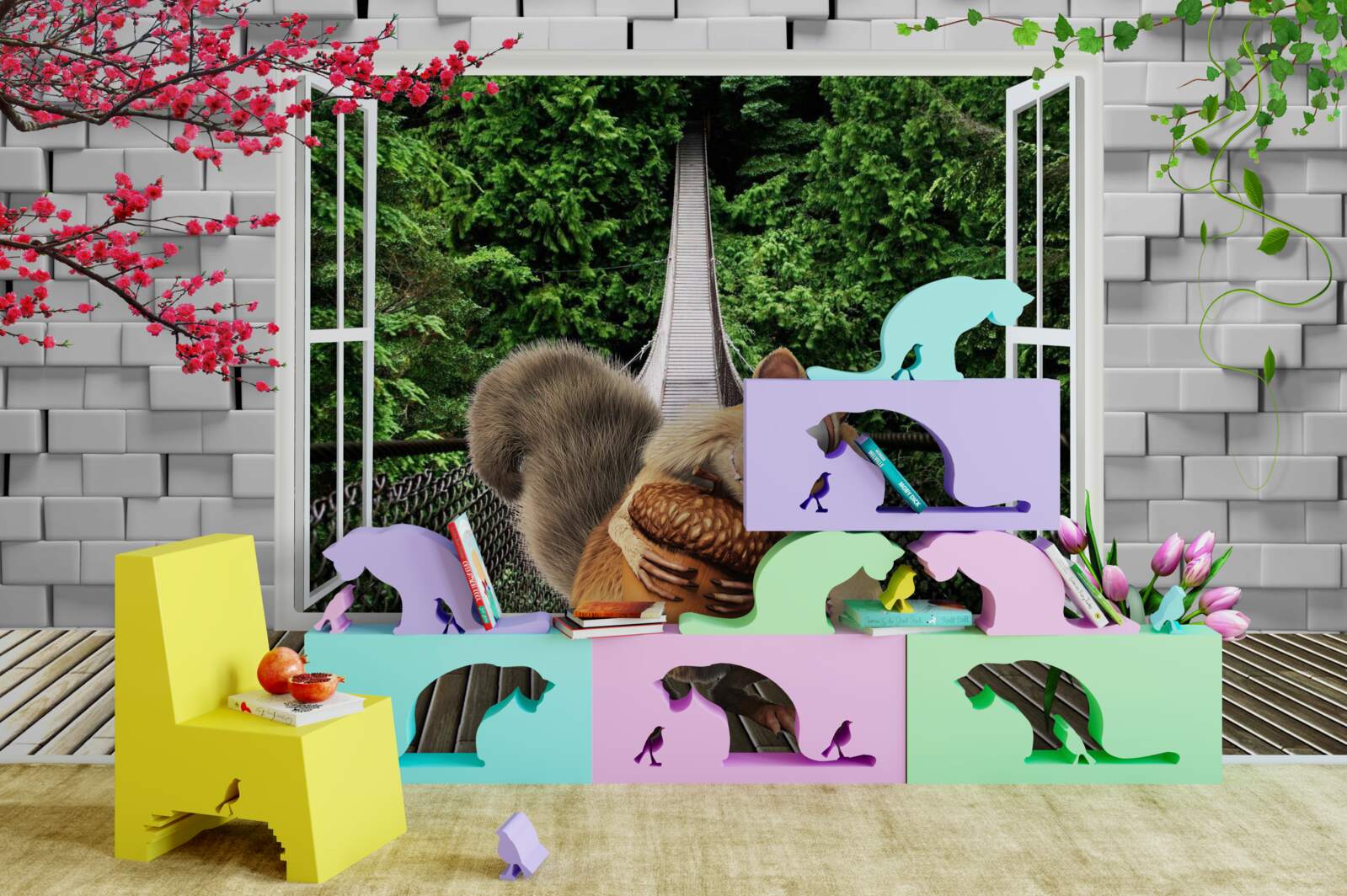 Fototapeta Z okna môžete vidieť nakreslenú veveričku