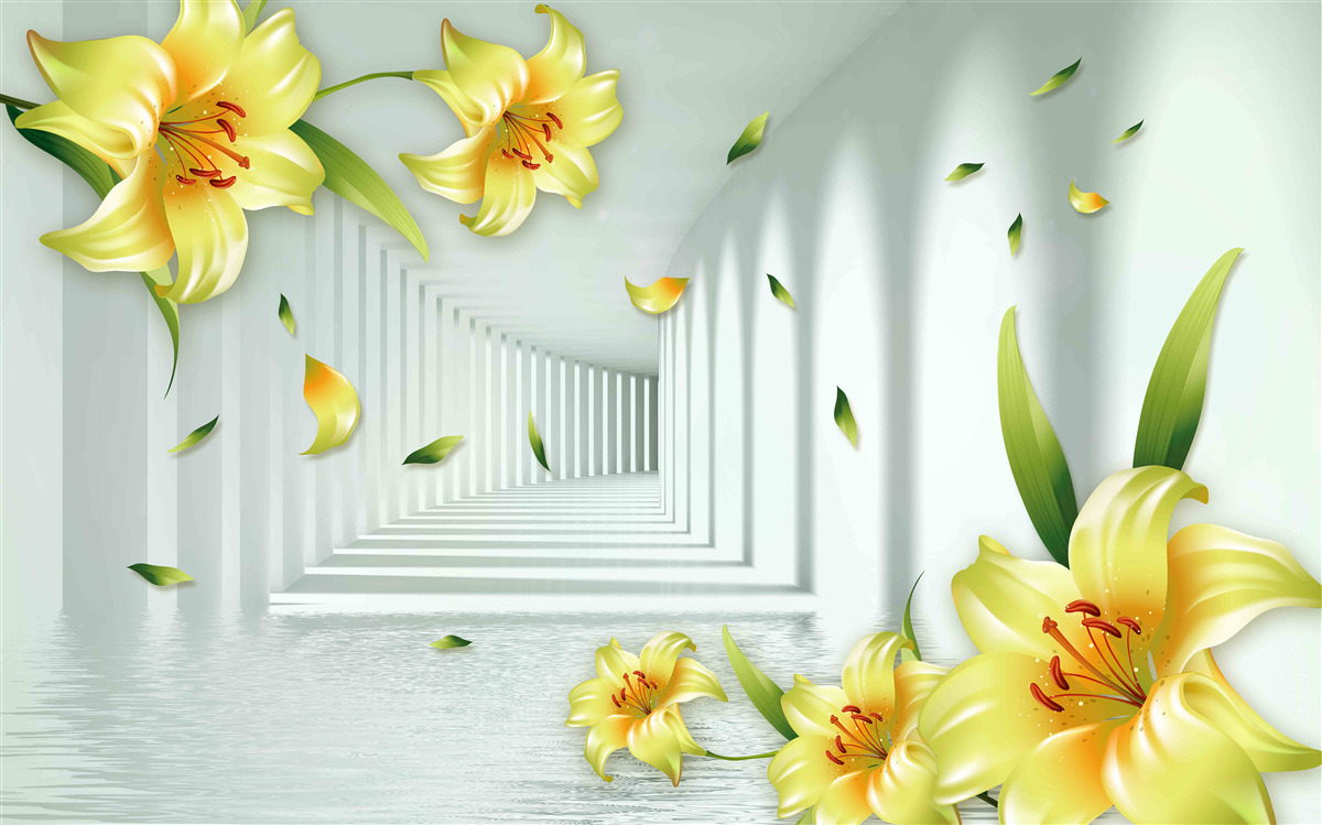 Fototapeta trojrozmerný tunel so žltými ľaliami