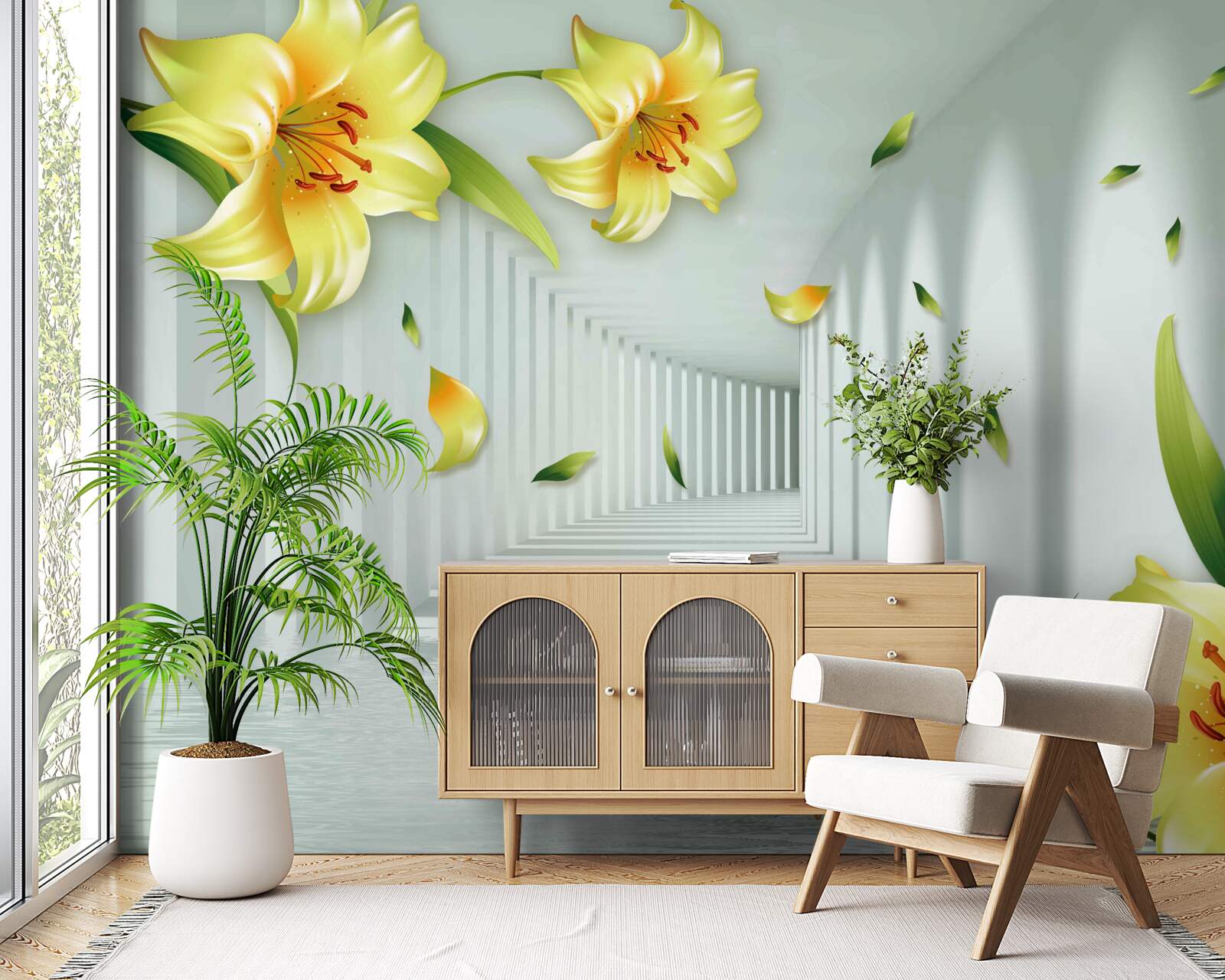 Fototapeta trojrozmerný tunel so žltými ľaliami